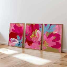 Abstract Floral Wall Art Prints Set Of 3, Modern Botanical Posters, Bold Pink & Blue Flower Artwork For Contemporary Living Room Decor - thumbnail 1