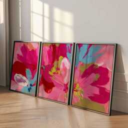 Abstract Floral Wall Art Prints Set Of 3, Modern Botanical Posters, Bold Pink & Blue Flower Artwork For Contemporary Living Room Decor - thumbnail 2