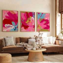 Abstract Floral Wall Art Prints Set Of 3, Modern Botanical Posters, Bold Pink & Blue Flower Artwork For Contemporary Living Room Decor - thumbnail 3