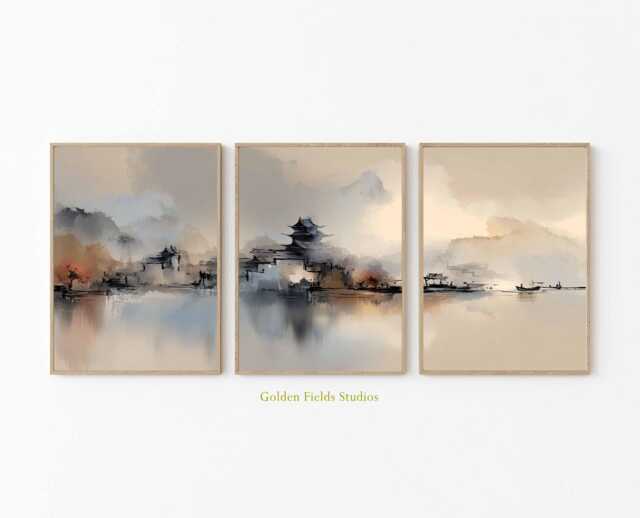 Asian Watercolor Landscape Poster Set Zen Pagoda Triptych Wall Art - image 1