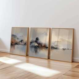 Asian Watercolor Landscape Poster Set Zen Pagoda Triptych Wall Art - thumbnail 2