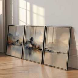 Asian Watercolor Landscape Poster Set Zen Pagoda Triptych Wall Art - thumbnail 3