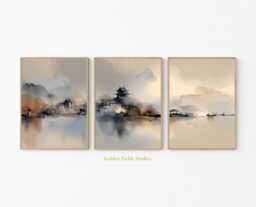 Asian Watercolor Landscape Poster Set Zen Pagoda Triptych Wall Art - thumbnail 1