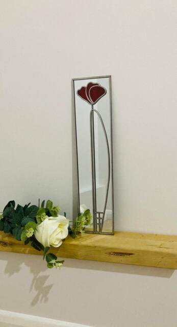 New - Rennie Mackintosh Style Poppy 4 Stained Glass Effect Mirror Handmade Gift Catfish Glass Art Nouveau 10x40cm - image 1
