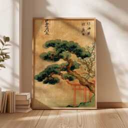 Ancient Pine Tree Wall Art, Japanese Nature Poster Print, Zen Botanical Decor, Oriental Painting, Calm Forest Artwork - thumbnail 2