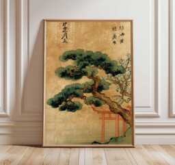 Ancient Pine Tree Wall Art, Japanese Nature Poster Print, Zen Botanical Decor, Oriental Painting, Calm Forest Artwork - thumbnail 1