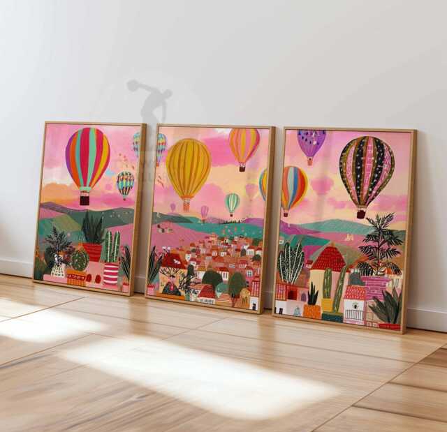 Hot Air Balloon Wall Art Set Of 3, Colorful Mountain Poster Trio, Boho Decor, Rainbow Forest Print, Whimsical Travel - image 1