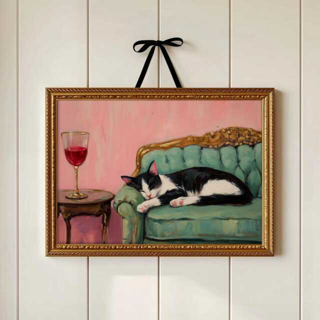 Black & White Cat Art Print - On Green Sofa Painting Fine Animal - image 1