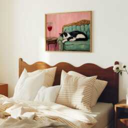 Black & White Cat Art Print - On Green Sofa Painting Fine Animal - thumbnail 3