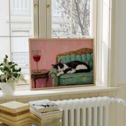 Black & White Cat Art Print - On Green Sofa Painting Fine Animal - thumbnail 2