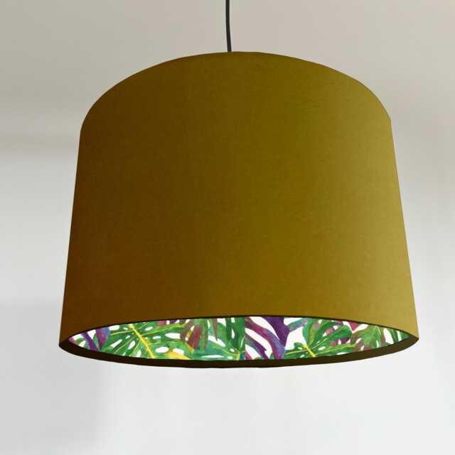 Mustard Velvet Drum Lampshade, Double Sided Lampshade With Multicoloured Leaves Interior, Ceiling Light Shade - image 1