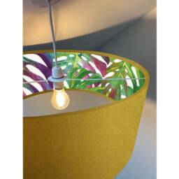 Mustard Velvet Drum Lampshade, Double Sided Lampshade With Multicoloured Leaves Interior, Ceiling Light Shade - thumbnail 3
