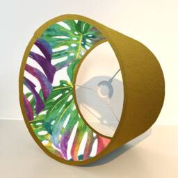 Mustard Velvet Drum Lampshade, Double Sided Lampshade With Multicoloured Leaves Interior, Ceiling Light Shade - thumbnail 2