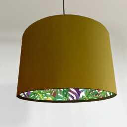 Mustard Velvet Drum Lampshade, Double Sided Lampshade With Multicoloured Leaves Interior, Ceiling Light Shade - thumbnail 1