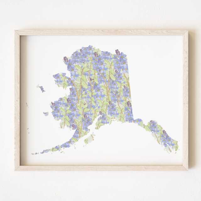 Alaska State Flower Map Watercolor Forget-Me-Not - Art Print Wall Graduation Wedding Anniversary Realtor Moving Gift Yukon - image 1