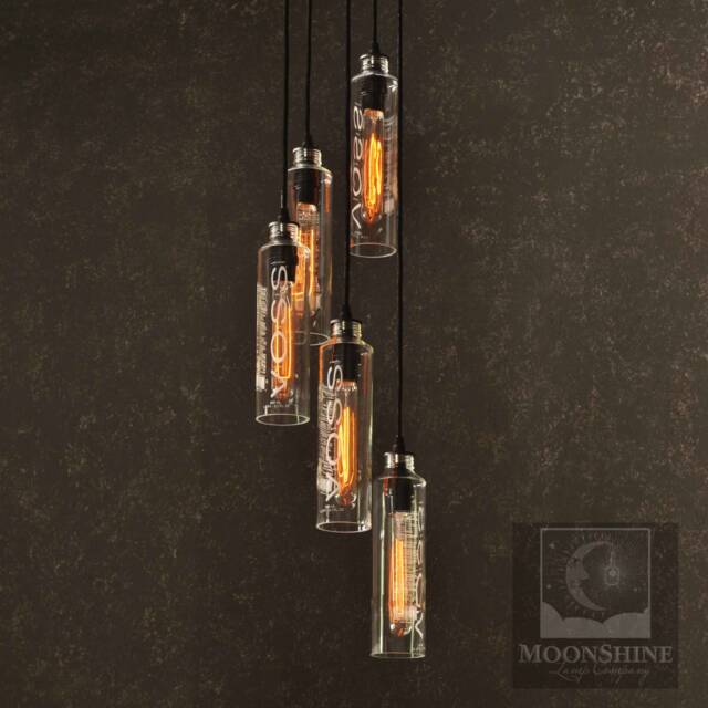 5 Light Recycled Bottle Chandelier - Voss Water Bottles Modern Rustic Lighting Custom Made With Vintage Style Edison Bulbs - image 1