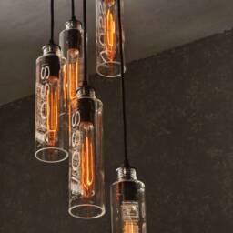 5 Light Recycled Bottle Chandelier - Voss Water Bottles Modern Rustic Lighting Custom Made With Vintage Style Edison Bulbs - thumbnail 2