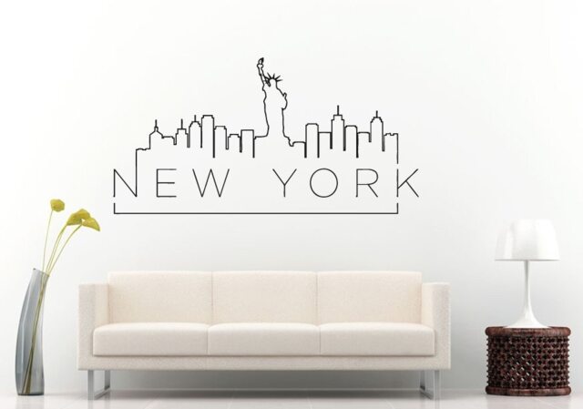 New York City Statue Of Liberty Manhattan Skyline Outline View Wall Decal Vinyl Sticker Mural Room Decor L1091 - image 1