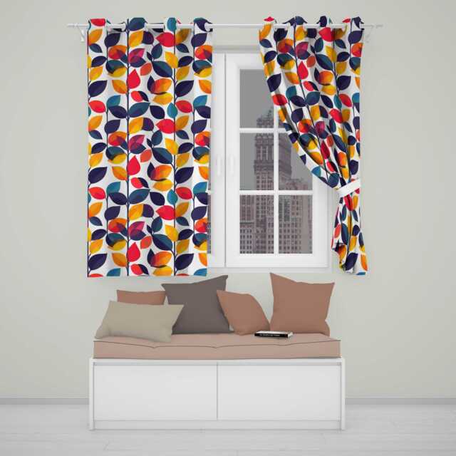 Abstract Colorful Leaves Branch Pattern Minimal Seamless Readymade Eyelet Ring Top Thermal 100% Blackout Curtains - image 1