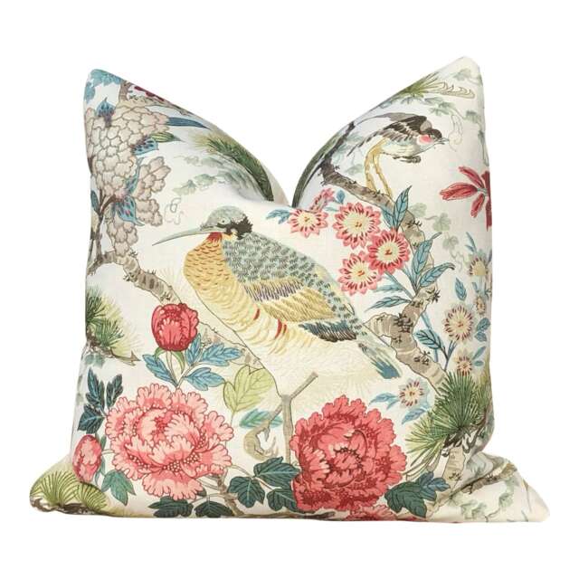 Scalamandre Shenyang Pillow in Bloom. Chinoserie Pillow, Exotic Bird Pink Coral, Euro Sham Case, Designer Pillows, High End Pillows - image 1