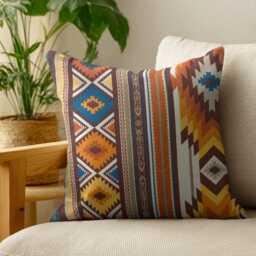 "Mexican Brown/Orange Striped Cushion Covers - Thick Ethnic Throw Pillow 14""/18" - thumbnail 2