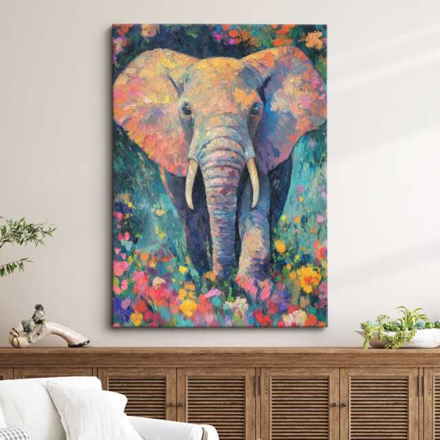 Elephant in Flowers Abstract Oil Painting Framed Print & Canvas Large Portrait Wall Art Poster Home Decor Interior Animal Lover Gift - image 1
