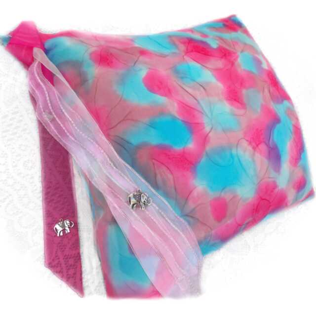 Silk Cushion Cover. Pink & Blue, Hand Painted. Magnolia Flowers, Ribbons & Charms - image 1