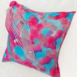 Silk Cushion Cover. Pink & Blue, Hand Painted. Magnolia Flowers, Ribbons & Charms - thumbnail 2
