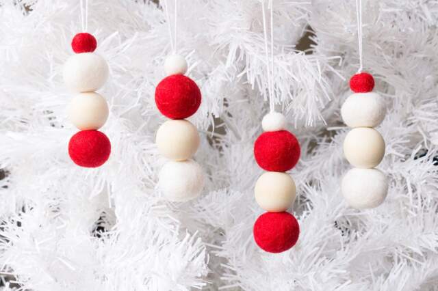 Felt Christmas Ornaments X 8 - Red & White Felted Ball Hanging Decor Pom Xmas Tree Decoration Holiday Wooden Beads - image 1