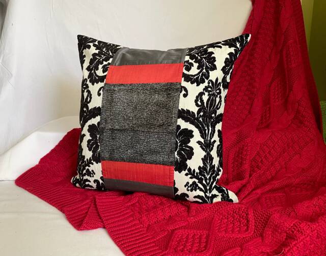 Damask Decorative Pillow Black, White & Red Woven Velvet, 20 - image 1