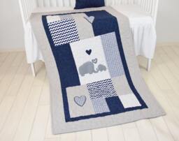 Elephant Baby Blanket, Blue Gray Navy Quilt, Crib Bedding, Chevron Grey Safari Nursery - thumbnail 1