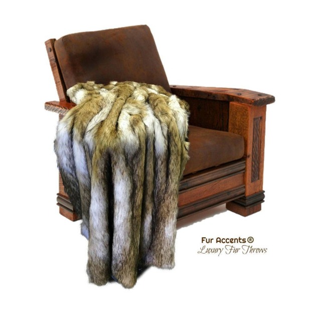 Faux Fur Throw Blanket - Coyote Wolf Style, Plush Minky Lining - image 1