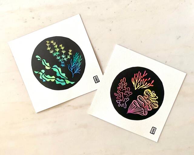 Seaweed & Coral Ocean Studies - Original Lino Art Print Set Hand Carved - image 1
