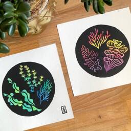 Seaweed & Coral Ocean Studies - Original Lino Art Print Set Hand Carved - thumbnail 2