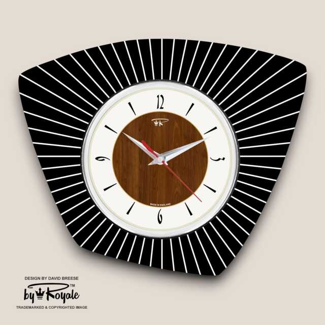 Handmade Mid-Century Modern Wall Clock Atomic Black & Cream, Faux Walnut - image 1