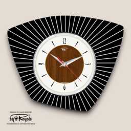 Handmade Mid-Century Modern Wall Clock Atomic Black & Cream, Faux Walnut