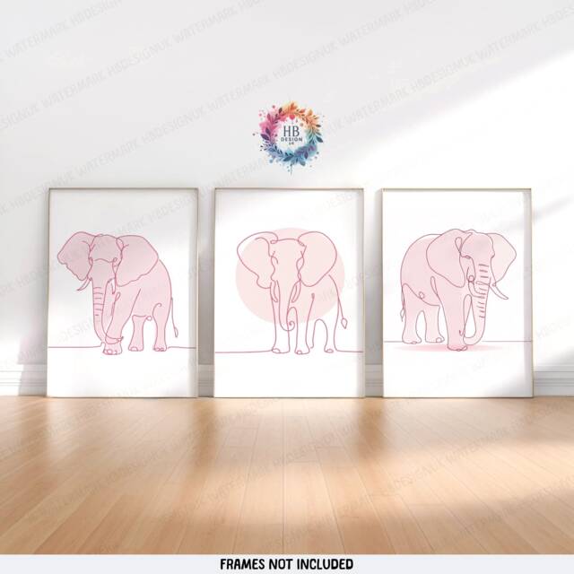 Minimal Pink Elephant Prints - Set Of 3 Posters - Line Drawing Decor Print Animal Wall Art Wildlife Gift Picture Elephants - image 1
