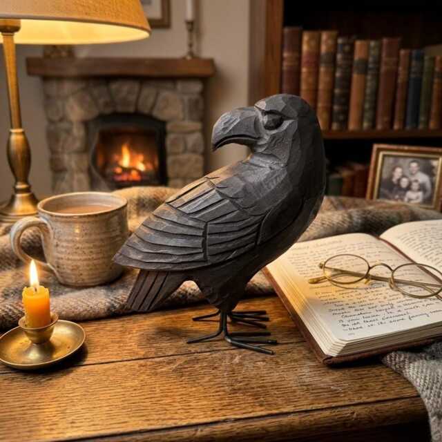 Hand Carved Black Raven Wooden Crow Figurine Rustic Bird Sculpture Gothic Home Decor Unique Wood Anniversary Gift For Nature Lover - image 1
