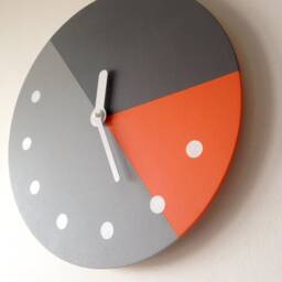 Geometric Silent Wall Clock Minimalist Art Orange & Gray Mid-Century Woodwork - thumbnail 3