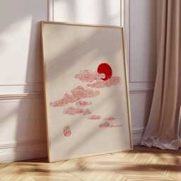 Japanese Red Sun Wall Art Print, Minimalist Asian Cloud Poster, Zen Home Decor, Oriental Style Ink Illustration Artwork - thumbnail 2