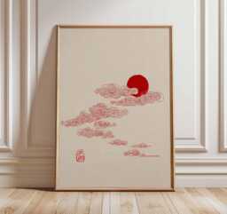 Japanese Red Sun Wall Art Print, Minimalist Asian Cloud Poster, Zen Home Decor, Oriental Style Ink Illustration Artwork - thumbnail 1