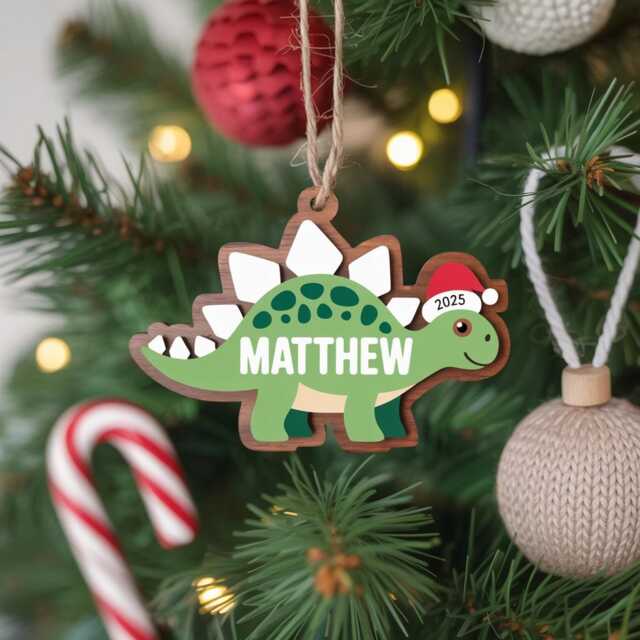 Custom Kid Dinosaur Ornament, Wooden Stegosaurus Dino Xmas Tree Decor 2025 Gift, Kids Holiday Baby Trex Ornament - image 1