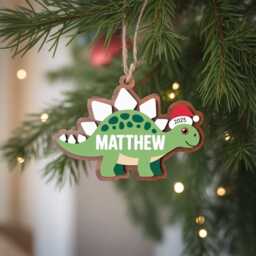Custom Kid Dinosaur Ornament, Wooden Stegosaurus Dino Xmas Tree Decor 2025 Gift, Kids Holiday Baby Trex Ornament - thumbnail 3