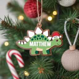 Custom Kid Dinosaur Ornament, Wooden Stegosaurus Dino Xmas Tree Decor 2025 Gift, Kids Holiday Baby Trex Ornament