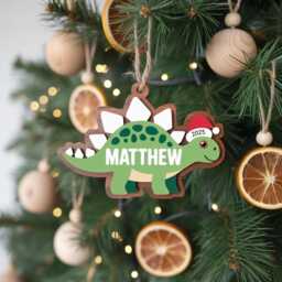 Custom Kid Dinosaur Ornament, Wooden Stegosaurus Dino Xmas Tree Decor 2025 Gift, Kids Holiday Baby Trex Ornament - thumbnail 2