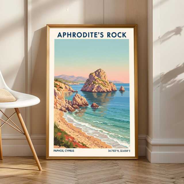 Aphrodite's Rock Poster - Cyprus Coastal Landscape Art - Blue & Teal Travel Illustration Contemporary Wall Decor - image 1