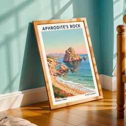 Aphrodite's Rock Poster - Cyprus Coastal Landscape Art - Blue & Teal Travel Illustration Contemporary Wall Decor - thumbnail 2