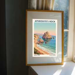 Aphrodite's Rock Poster - Cyprus Coastal Landscape Art - Blue & Teal Travel Illustration Contemporary Wall Decor - thumbnail 3