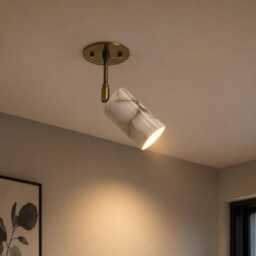 Aged Brass Adjustable Ceiling Spotlight , Alabaster Focus Light Shade Mid Century Modern Flush Mount, Cylindrical Swivel Spot Lamp - thumbnail 1