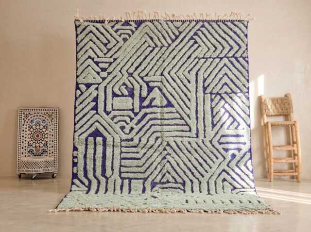 Tufted Wool Rug, Beni Ourain Moroccan Rug, Custom Size Floor Sage Green & Blue Dining Room Artistic Shag Area Rug - image 1